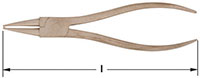 Horizontal image of long-nose, internal snap ring pliers. Solid bronze pliers, with gently curved and tapered handles and pointed jaws. Measurement indicators extend from each end, indicating overall length.